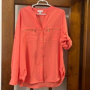 Calvin Klein button down dress shirt with gold buttons and zippers.